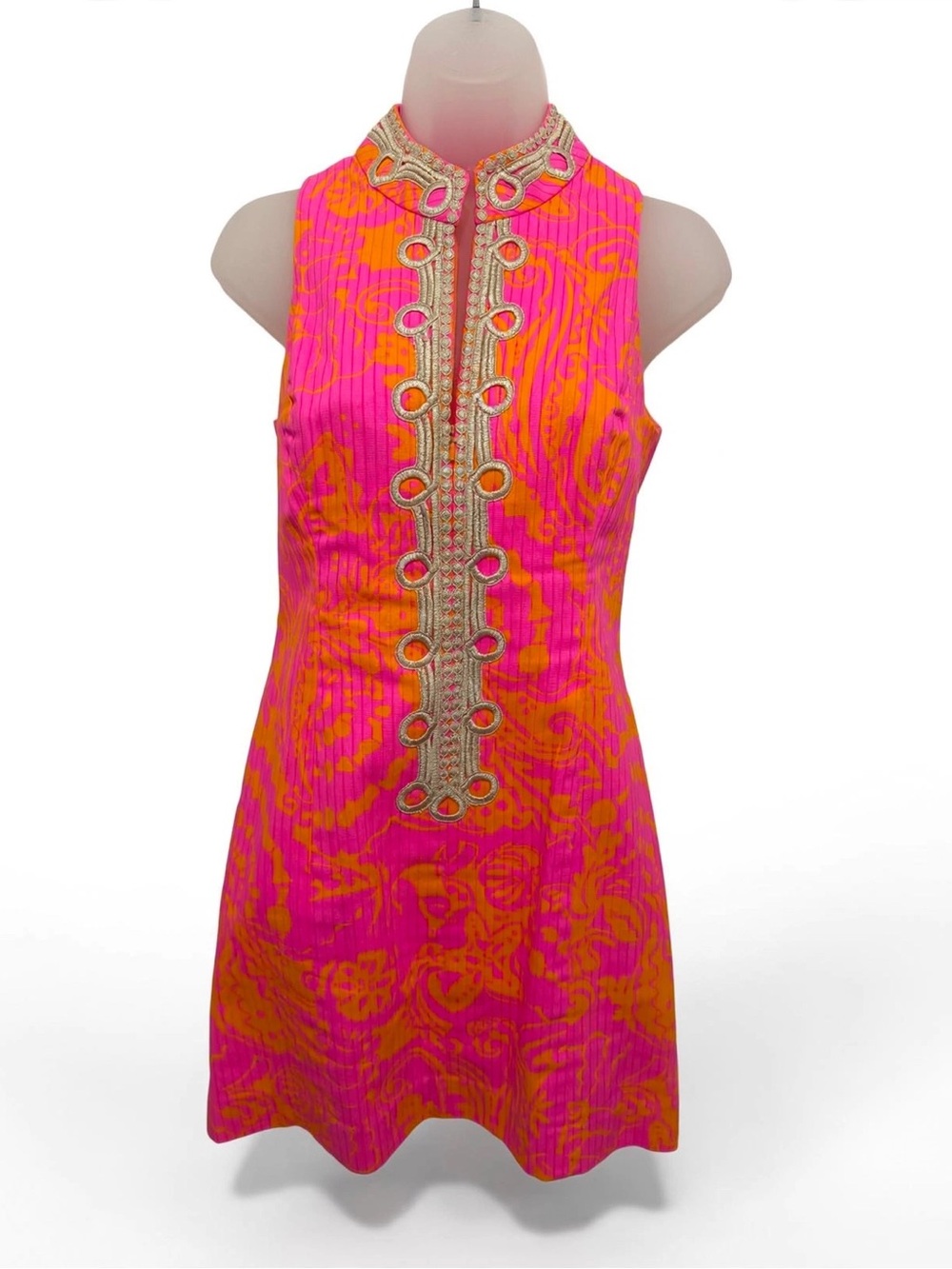 Lilly Pulitzer Gold Trim Shift Dress Size 0 Pink Orange Style 97610 EUC